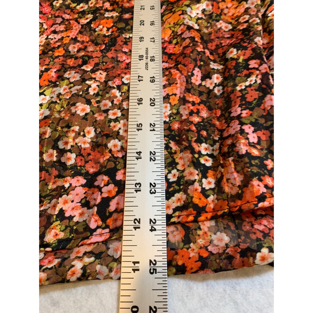 H&M Women Floral Blouse L Orange Black Cottagecore Mock Neck Balloon Sleeve - Picture 5 of 10
